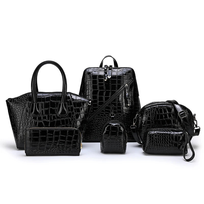 Hot Selling Black Genuine Leather Women's Lady Female Pu Tote Hand Bag 6pcs Handbag Set for Ladies