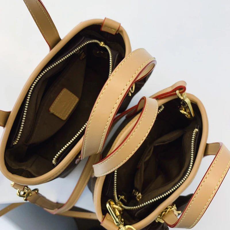 Women's Vintage Print Bucket Bag with Geometric Pattern, with Zipper Design, Multi-purpose Handbag.1009-1