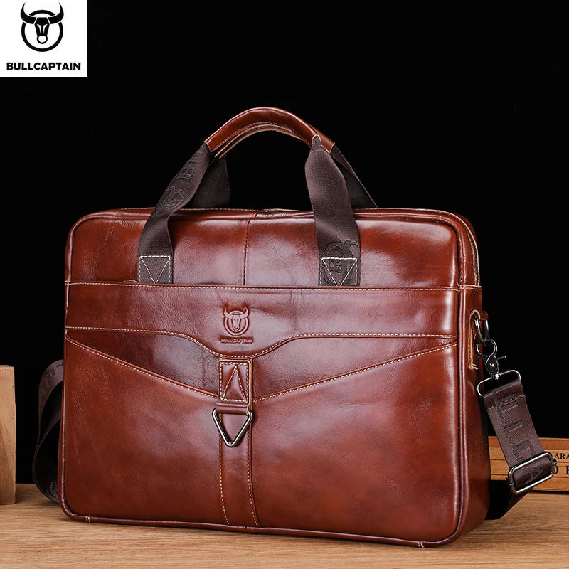 BULLCAPTAIN Leather Laptop Bag, Top Layer Leather 15.7" Laptop Bag Men's Laptop Briefcase Briefcase Work Business Travel Bag 053