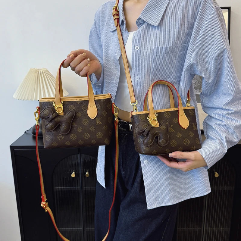 Women's Vintage Print Bucket Bag with Geometric Pattern, with Zipper Design, Multi-purpose Handbag.1009-1