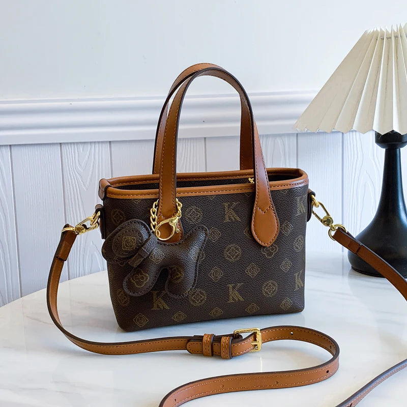 Women's Vintage Print Bucket Bag with Geometric Pattern, with Zipper Design, Multi-purpose Handbag.1009-1