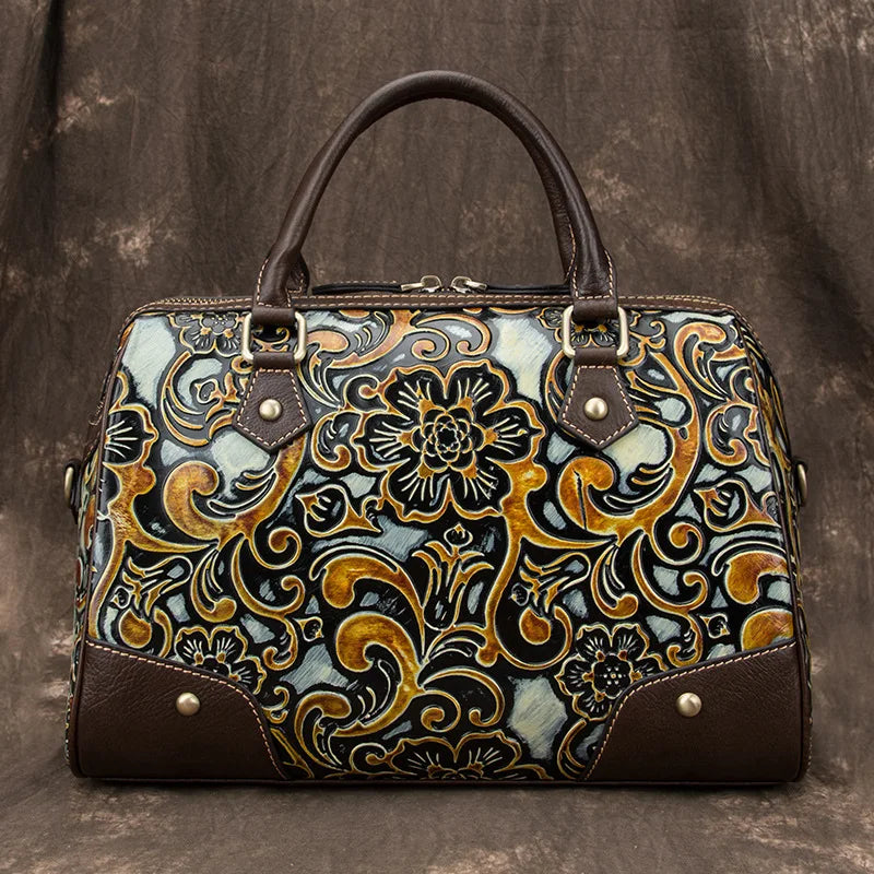 Large Capacity European American Style Women's Shoulder Bag New Vintage Cowhide Handcrafted Hand-Painted Genuine Leather Bag