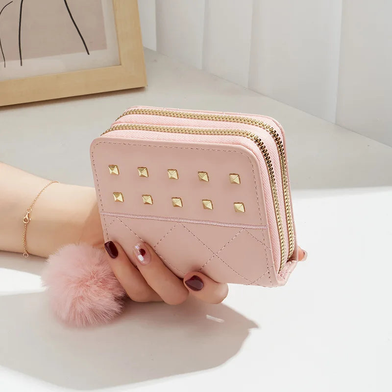 Pu Leather Short Plaid Pattern Card Holder Pompom Rivets Custom Coin Purse Wallet Luxury Women Cardholder Double Zipper Wallet