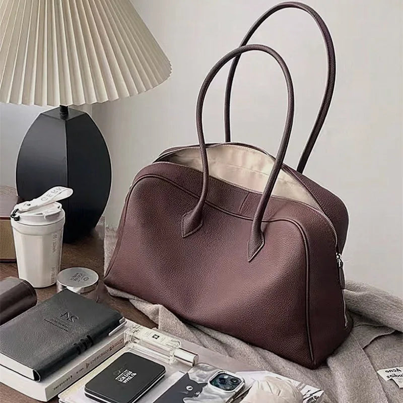 Minimalist Style Genuine Leather Large Bag 2025 New Style Boston Bag Underarm Tote / Shoulder Bag