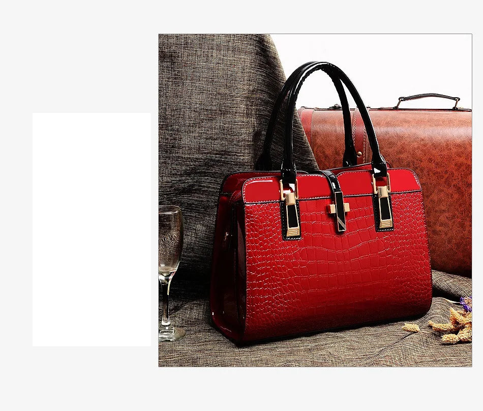 Crocodile Leather Women's Crossbody Handbag with Zipper Closure Fashionable PU Purse Featuring Geometric Pattern Patent Design