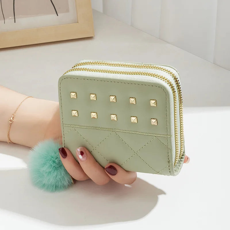 Pu Leather Short Plaid Pattern Card Holder Pompom Rivets Custom Coin Purse Wallet Luxury Women Cardholder Double Zipper Wallet