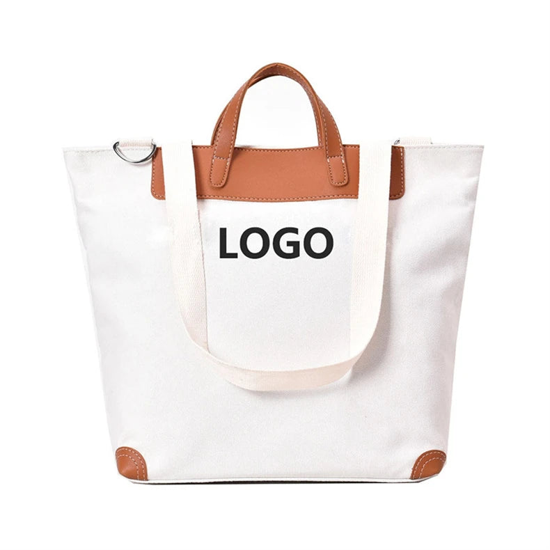 Unisex Customized Logo Printed Shopping Tote Bag Blank Zipper Leather Cotton Canvas Pocket Embroidery Decoration Open Closure