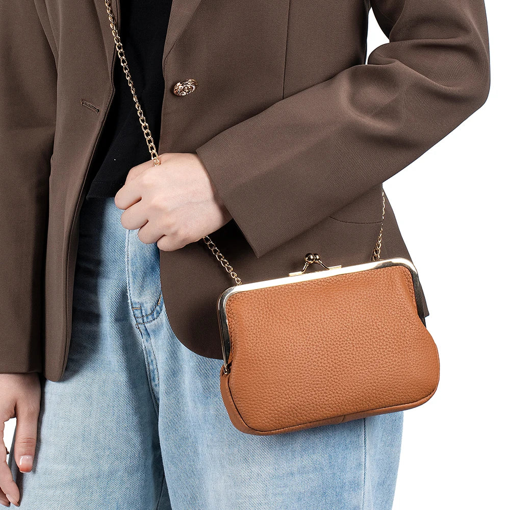 2024New Luxury Chain Crossbody Bag for Women Shoulder Elegant Genuine Leather Women's Handbag Kiss Lock Purse Wallet Cell Phone