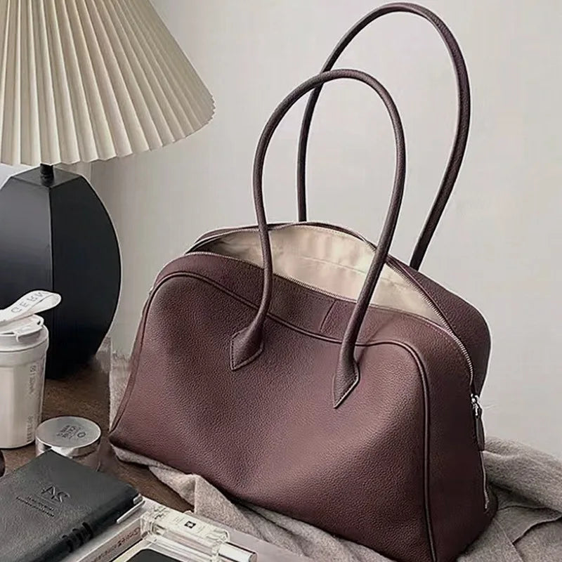 Minimalist Style Genuine Leather Large Bag 2025 New Style Boston Bag Underarm Tote / Shoulder Bag