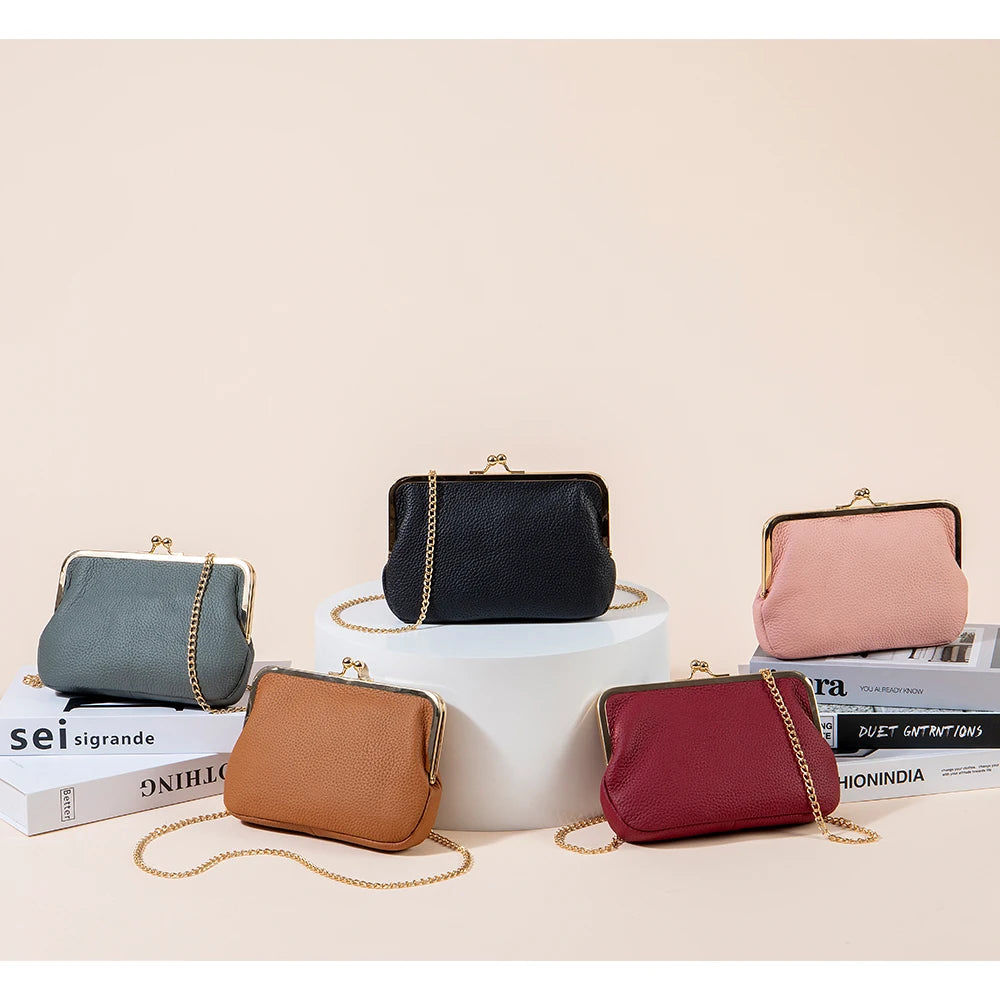 2024New Luxury Chain Crossbody Bag for Women Shoulder Elegant Genuine Leather Women's Handbag Kiss Lock Purse Wallet Cell Phone
