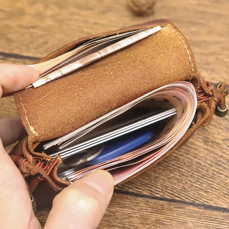 Retro Vegetable Tanned Leather Zero Wallet Women's Head Layer Cowhide Leather Key Case Earphone Storage Bag Men
