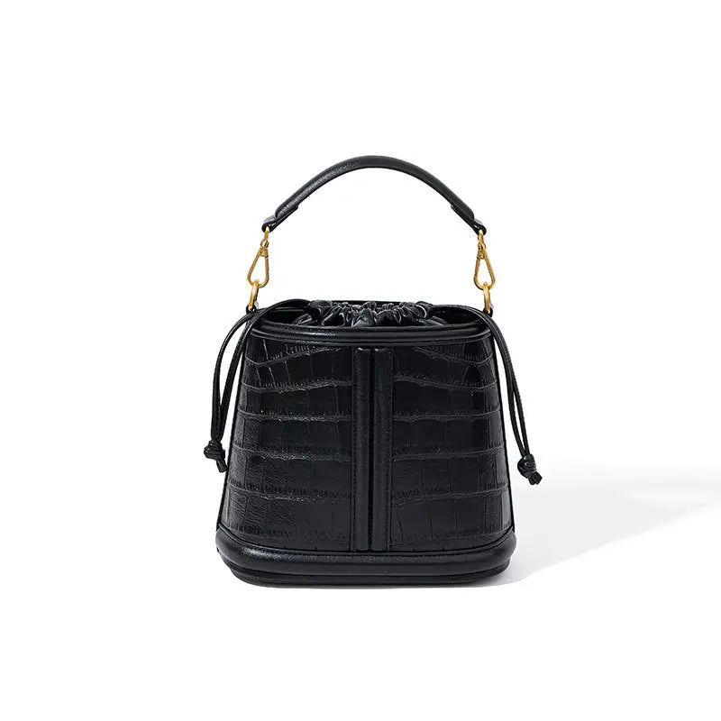 Genuine Leather Women's Bag 2024 New Bucket Top Layer Cowhide Crossbody Temperament Fashionable High-end Retro Handbag