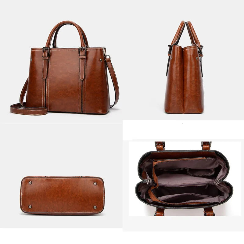 Fashion Style Vegan Oil PU Tote Ladies Shoulder Luxury Hand Bag Leather Bags Women Handbags