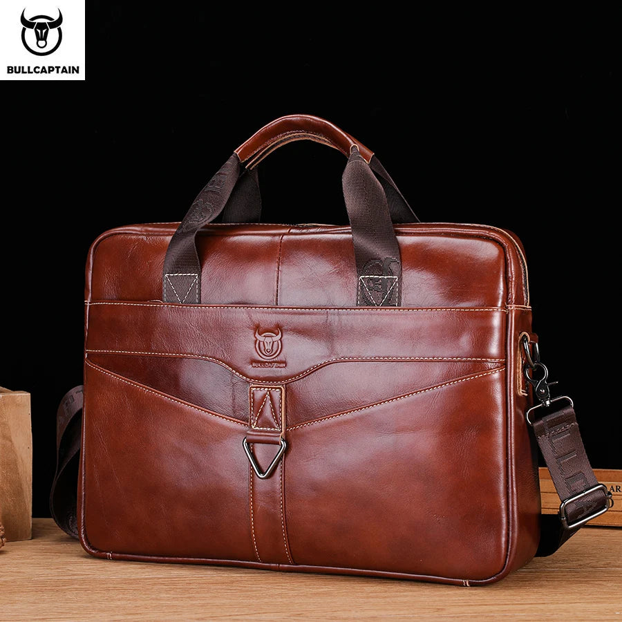 BULLCAPTAIN Leather Laptop Bag, Top Layer Leather 15.7" Laptop Bag Men's Laptop Briefcase Briefcase Work Business Travel Bag 053
