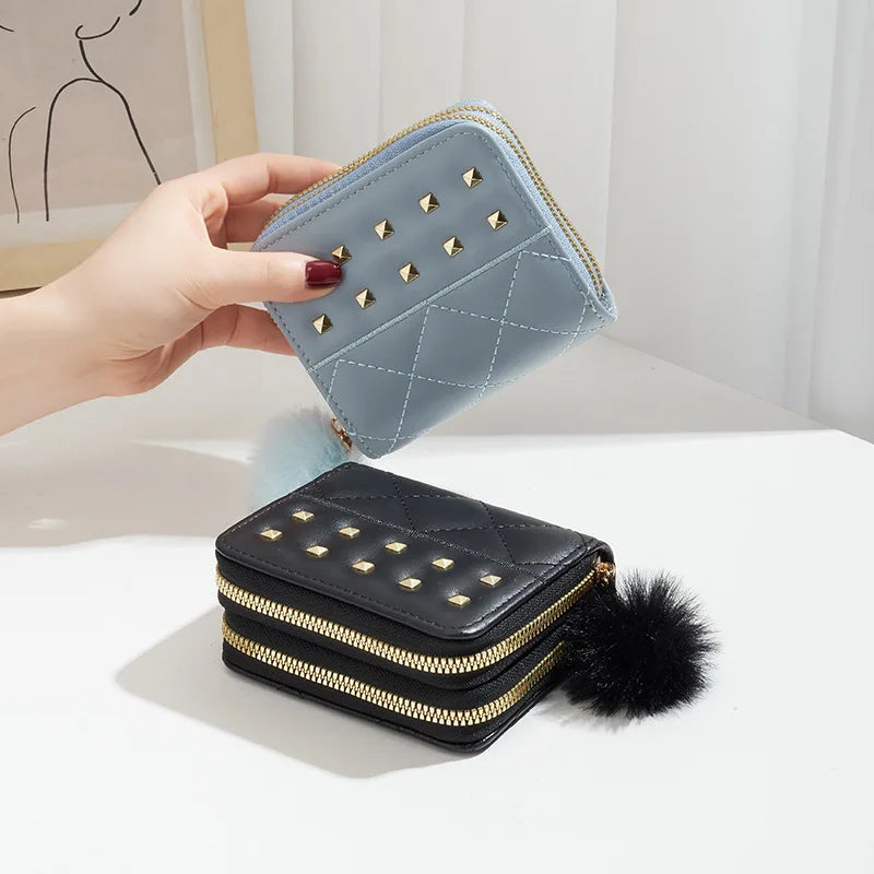 Pu Leather Short Plaid Pattern Card Holder Pompom Rivets Custom Coin Purse Wallet Luxury Women Cardholder Double Zipper Wallet