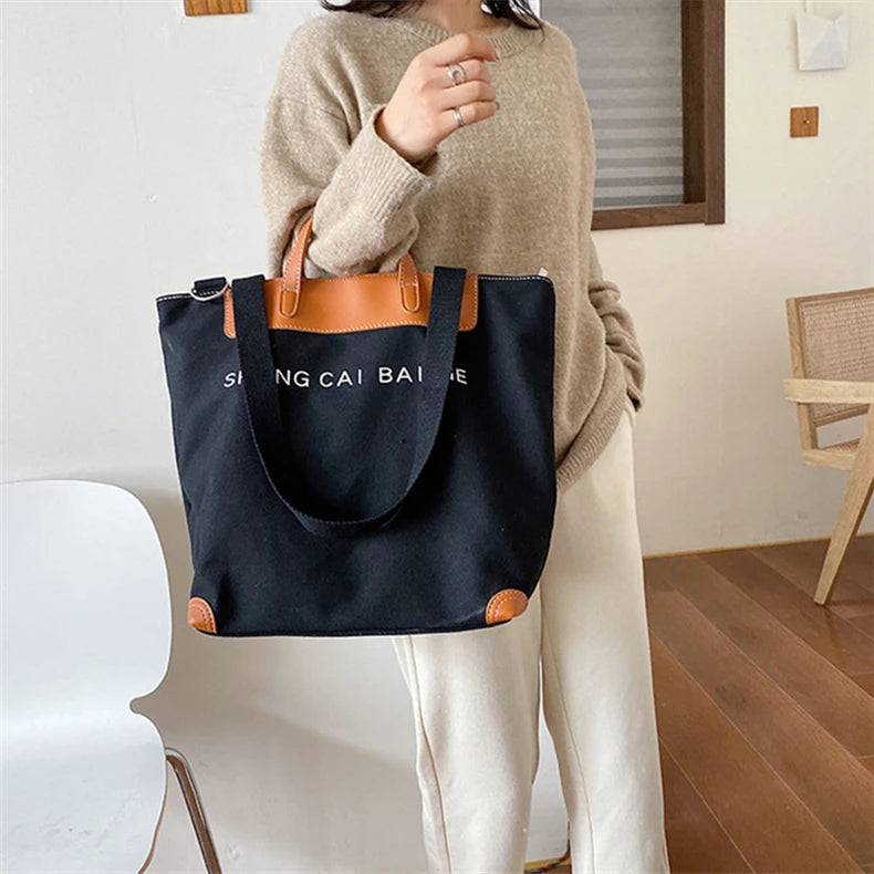 Unisex Customized Logo Printed Shopping Tote Bag Blank Zipper Leather Cotton Canvas Pocket Embroidery Decoration Open Closure
