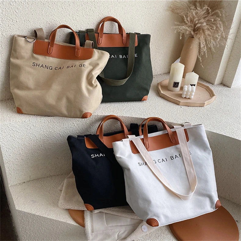 Unisex Customized Logo Printed Shopping Tote Bag Blank Zipper Leather Cotton Canvas Pocket Embroidery Decoration Open Closure