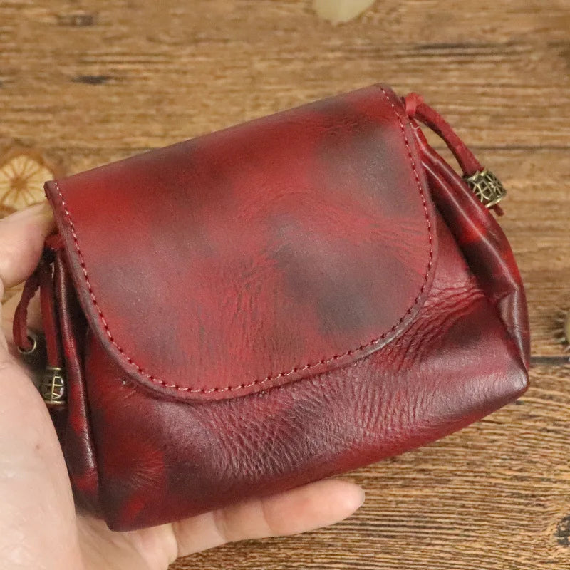 Retro Vegetable Tanned Leather Zero Wallet Women's Head Layer Cowhide Leather Key Case Earphone Storage Bag Men