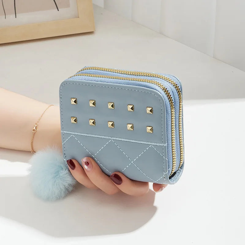 Pu Leather Short Plaid Pattern Card Holder Pompom Rivets Custom Coin Purse Wallet Luxury Women Cardholder Double Zipper Wallet
