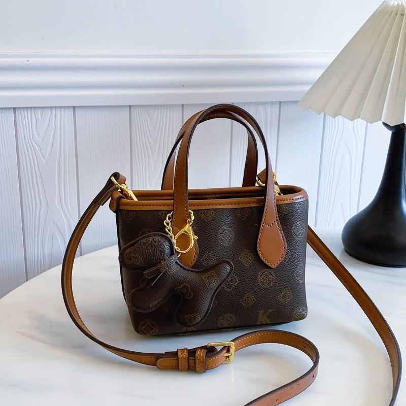 Women's Vintage Print Bucket Bag with Geometric Pattern, with Zipper Design, Multi-purpose Handbag.1009-1