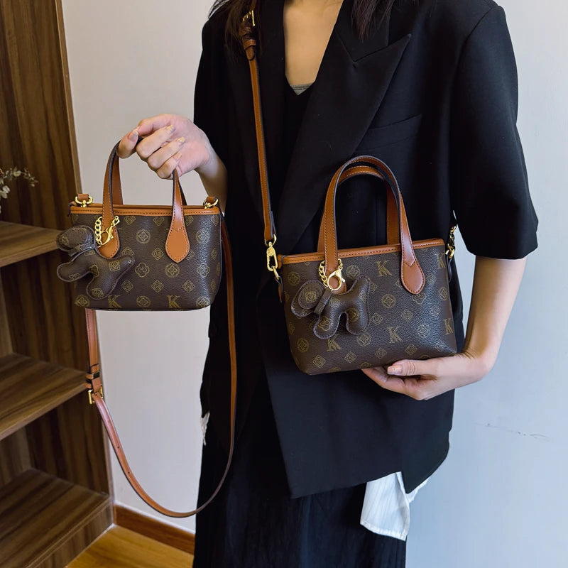 Women's Vintage Print Bucket Bag with Geometric Pattern, with Zipper Design, Multi-purpose Handbag.1009-1