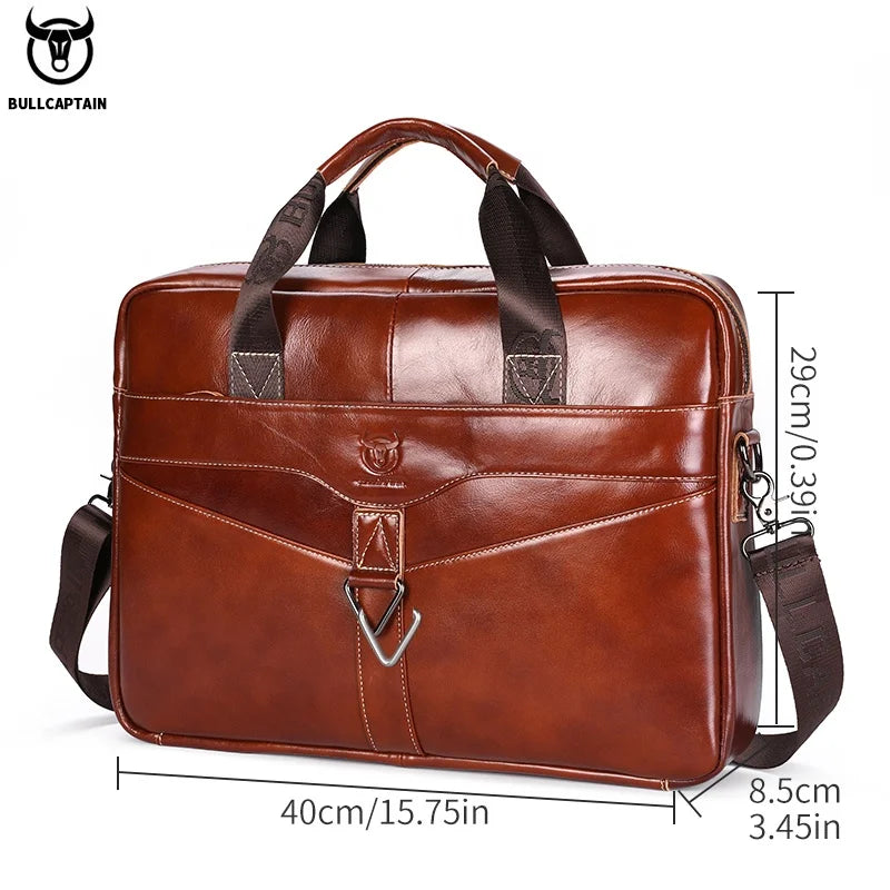 BULLCAPTAIN Leather Laptop Bag, Top Layer Leather 15.7" Laptop Bag Men's Laptop Briefcase Briefcase Work Business Travel Bag 053