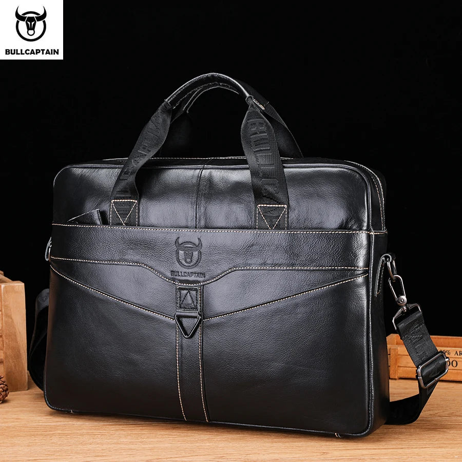 BULLCAPTAIN Leather Laptop Bag, Top Layer Leather 15.7" Laptop Bag Men's Laptop Briefcase Briefcase Work Business Travel Bag 053