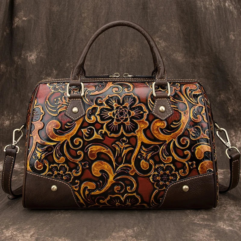 Large Capacity European American Style Women's Shoulder Bag New Vintage Cowhide Handcrafted Hand-Painted Genuine Leather Bag