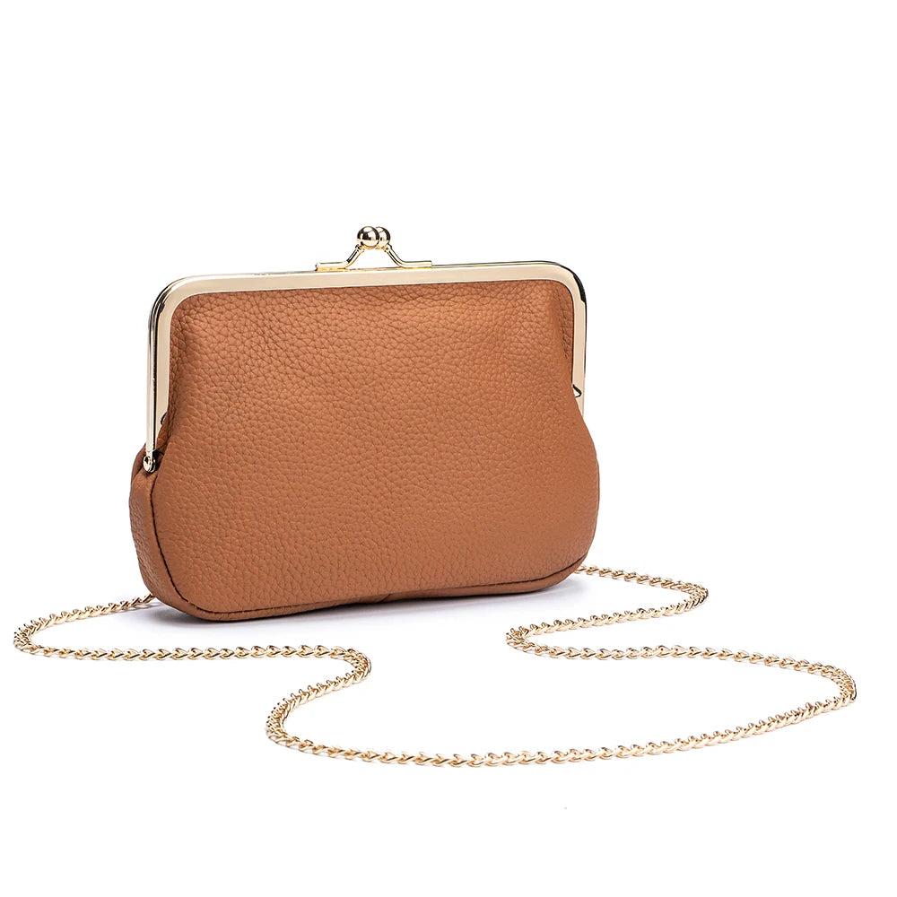 2024New Luxury Chain Crossbody Bag for Women Shoulder Elegant Genuine Leather Women's Handbag Kiss Lock Purse Wallet Cell Phone