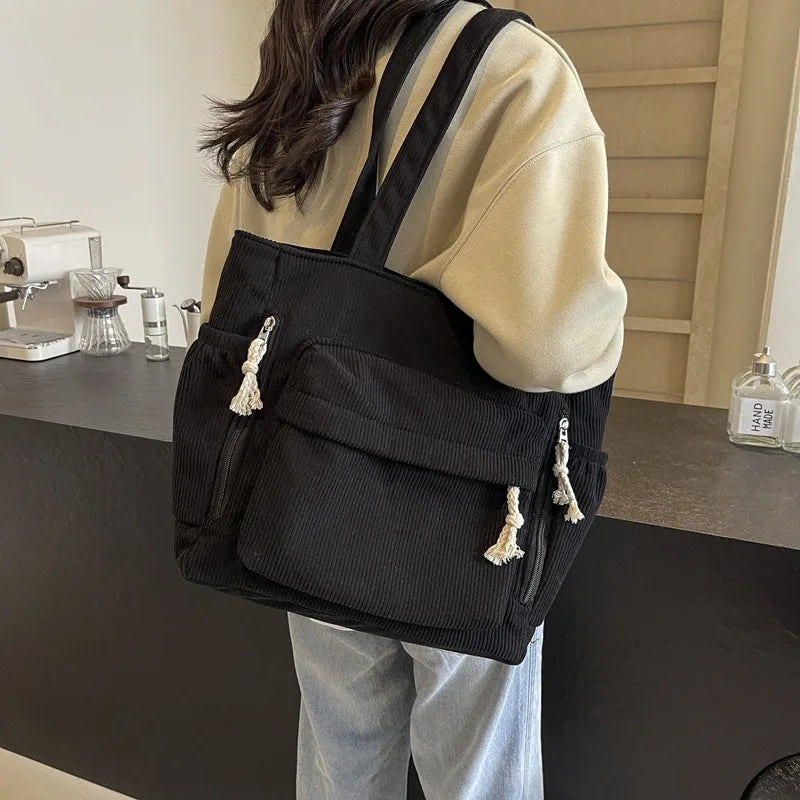 Travel Master Corduroy Shoulder Bag Handbag with Zipper Multiple Pocket Tote Bag For Women Solid Color Daily Commuter Handbag