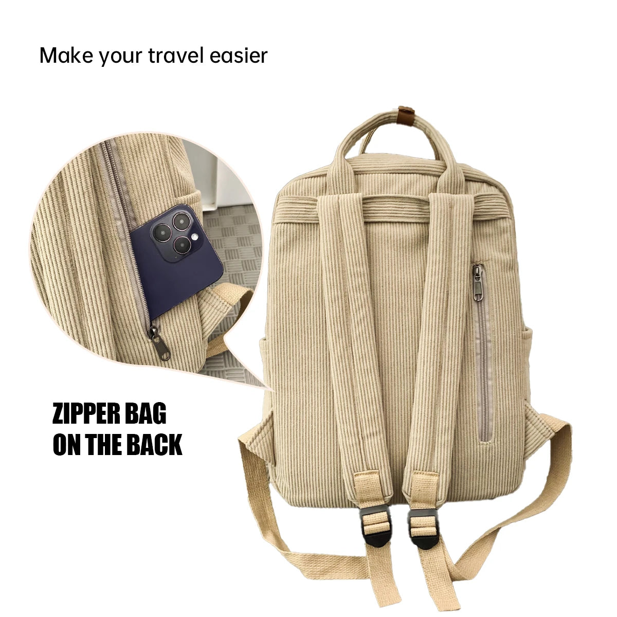 Corduroy Schoolbag Middle School Student Junior High School Student Ins College Backpack Autumn and Winter New Pure Color Girl Velvet Backpack Student Class Shopping Hiking