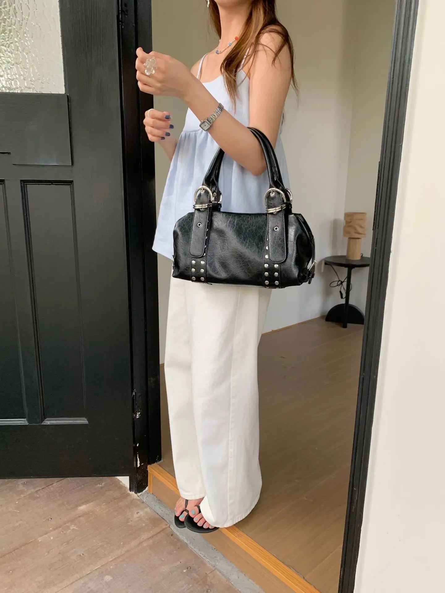 Fashion Rivet Bowling Bag Designer Women Handbags Luxury Soft Pu Leather Shoulder Bags Y2K Motorcycle Bag 2025