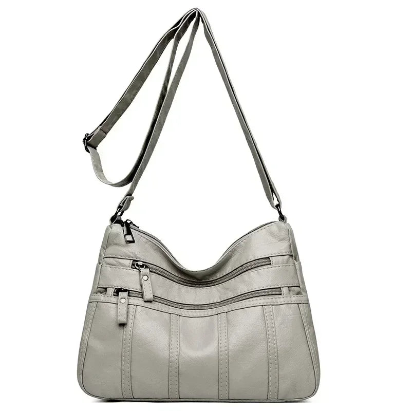Women's Fashion Soft Leather Crossbody Bag 2024 Casual Multi-Pocket Messenger Retro Handbag Ladies Shoulder Bag with Zipper