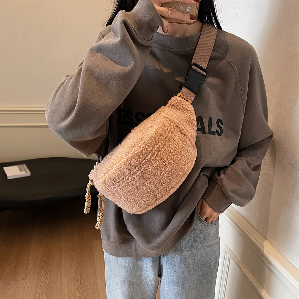 Fleece Sherpa Crossbody Bag for Women Mini Everywhere Belt Bags Fashionable Fanny Pack Large Capacity Waist Pouch Solid Bum Bags