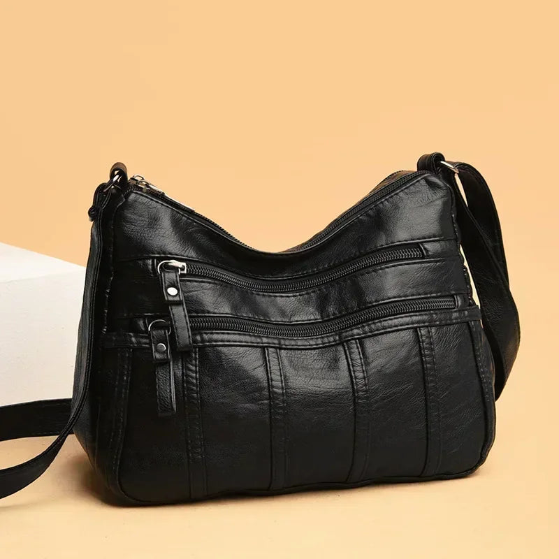 Women's Fashion Soft Leather Crossbody Bag 2024 Casual Multi-Pocket Messenger Retro Handbag Ladies Shoulder Bag with Zipper