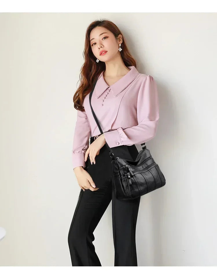 Women's Fashion Soft Leather Crossbody Bag 2024 Casual Multi-Pocket Messenger Retro Handbag Ladies Shoulder Bag with Zipper