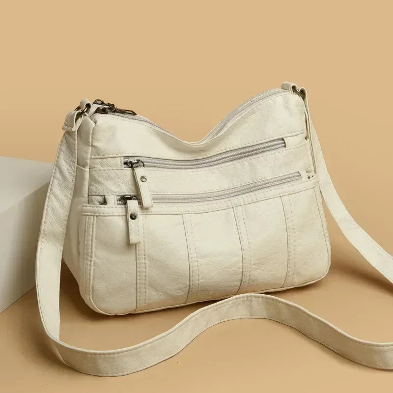 Women's Fashion Soft Leather Crossbody Bag 2024 Casual Multi-Pocket Messenger Retro Handbag Ladies Shoulder Bag with Zipper
