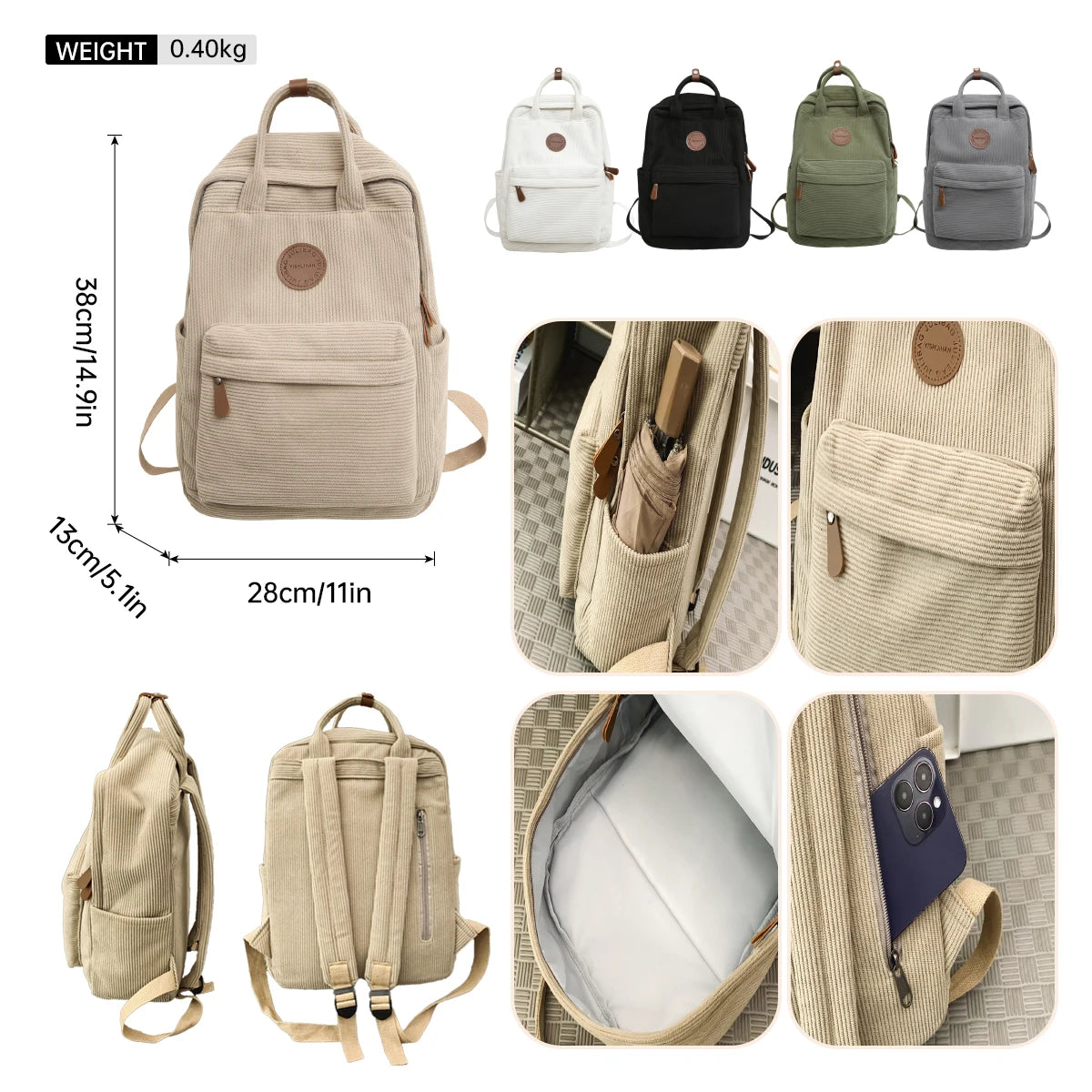 Corduroy Schoolbag Middle School Student Junior High School Student Ins College Backpack Autumn and Winter New Pure Color Girl Velvet Backpack Student Class Shopping Hiking