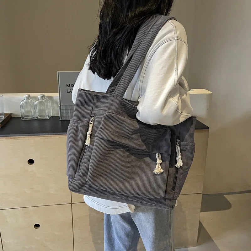Travel Master Corduroy Shoulder Bag Handbag with Zipper Multiple Pocket Tote Bag For Women Solid Color Daily Commuter Handbag