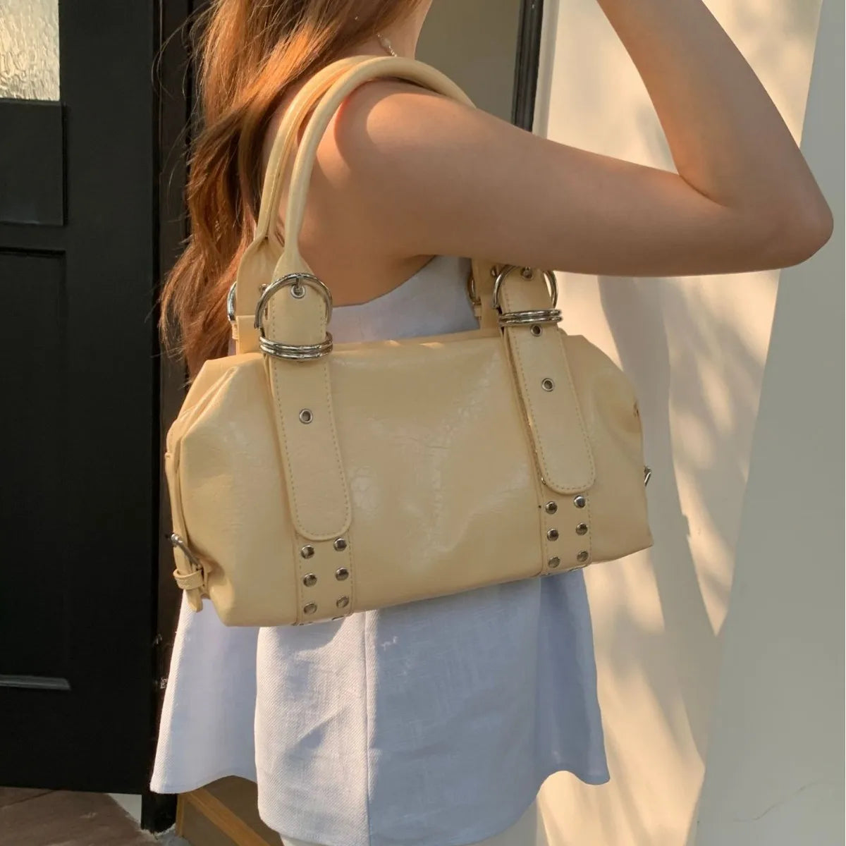 Fashion Rivet Bowling Bag Designer Women Handbags Luxury Soft Pu Leather Shoulder Bags Y2K Motorcycle Bag 2025