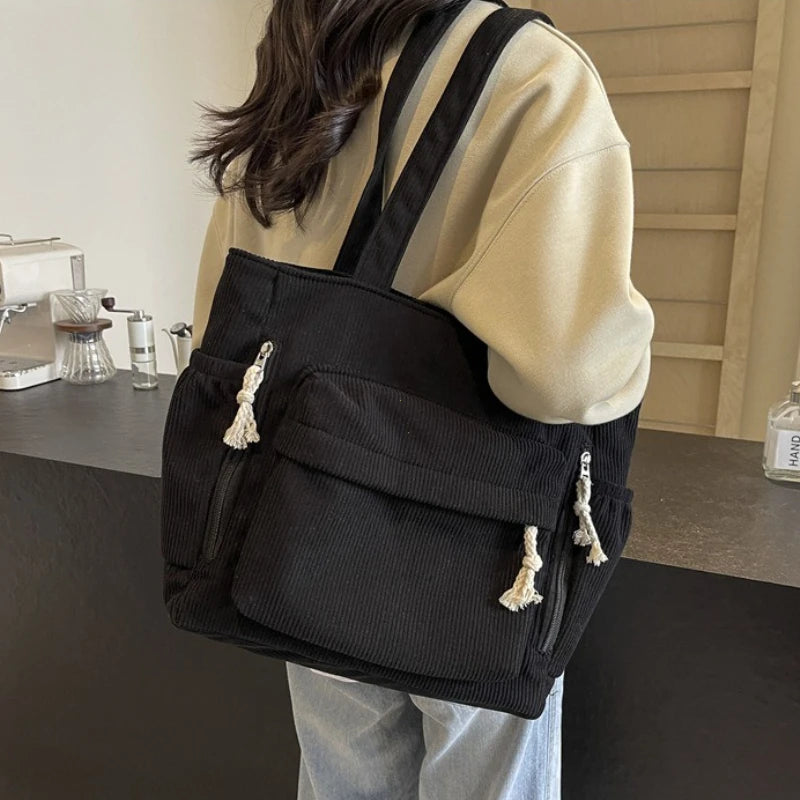 Travel Master Corduroy Shoulder Bag Handbag with Zipper Multiple Pocket Tote Bag For Women Solid Color Daily Commuter Handbag