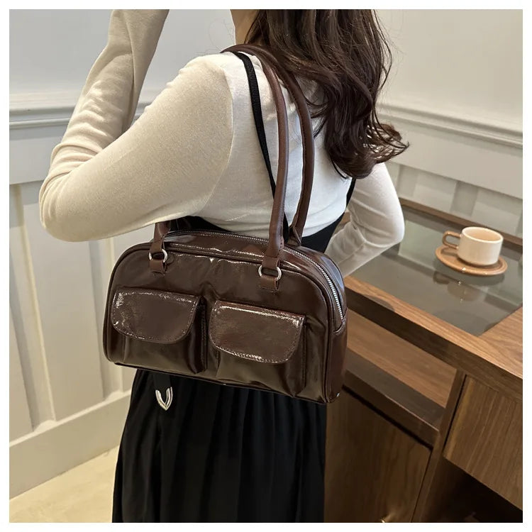 Vintage Women Business Shoulder Bags Simple Ladies Commute Tote Bag Pu Leather Female Underarm Bag Burgundy Large Handbags Purse