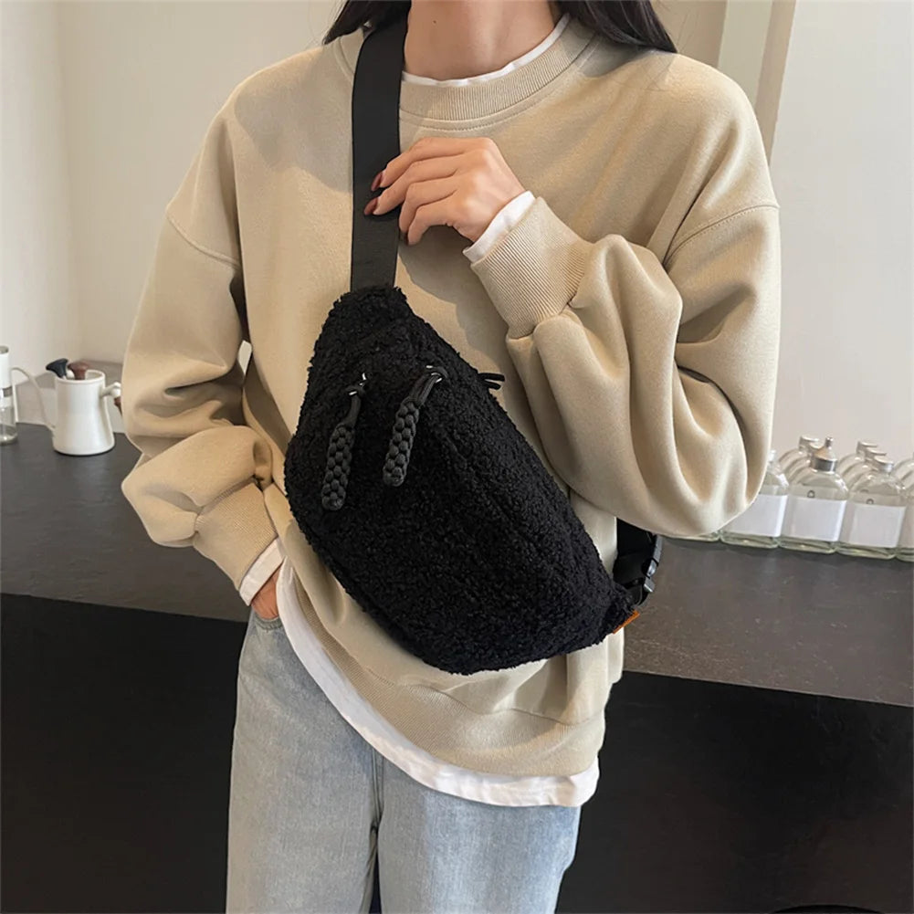 Fleece Sherpa Crossbody Bag for Women Mini Everywhere Belt Bags Fashionable Fanny Pack Large Capacity Waist Pouch Solid Bum Bags