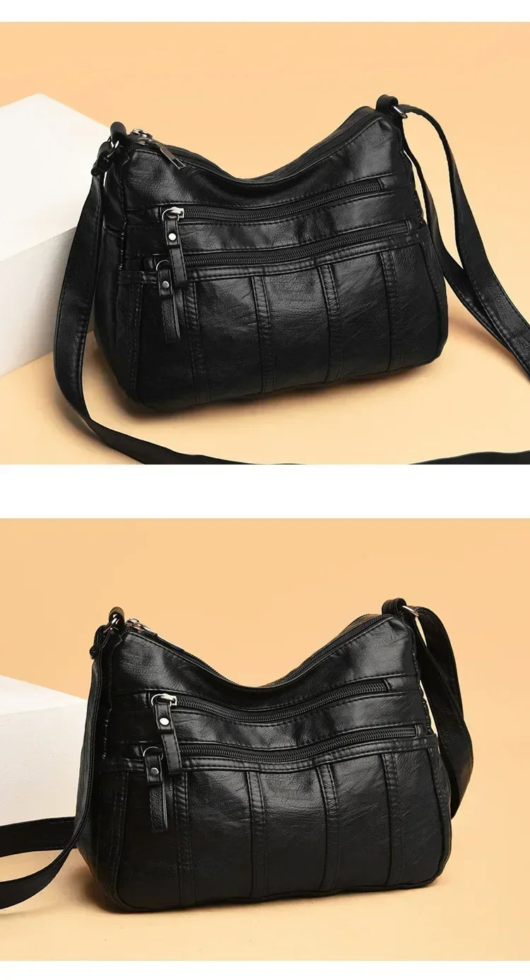 Women's Fashion Soft Leather Crossbody Bag 2024 Casual Multi-Pocket Messenger Retro Handbag Ladies Shoulder Bag with Zipper