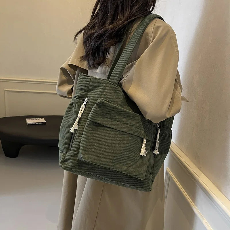 Travel Master Corduroy Shoulder Bag Handbag with Zipper Multiple Pocket Tote Bag For Women Solid Color Daily Commuter Handbag