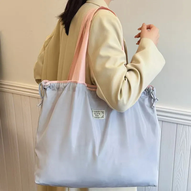 Portable nylon color block shopping bag foldable handbag