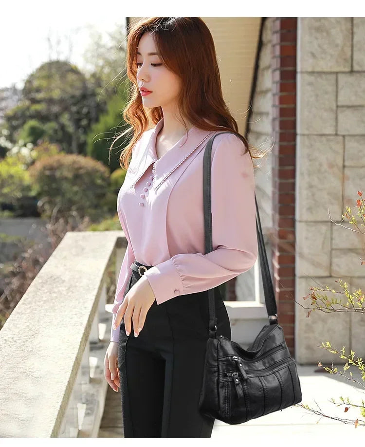 Women's Fashion Soft Leather Crossbody Bag 2024 Casual Multi-Pocket Messenger Retro Handbag Ladies Shoulder Bag with Zipper