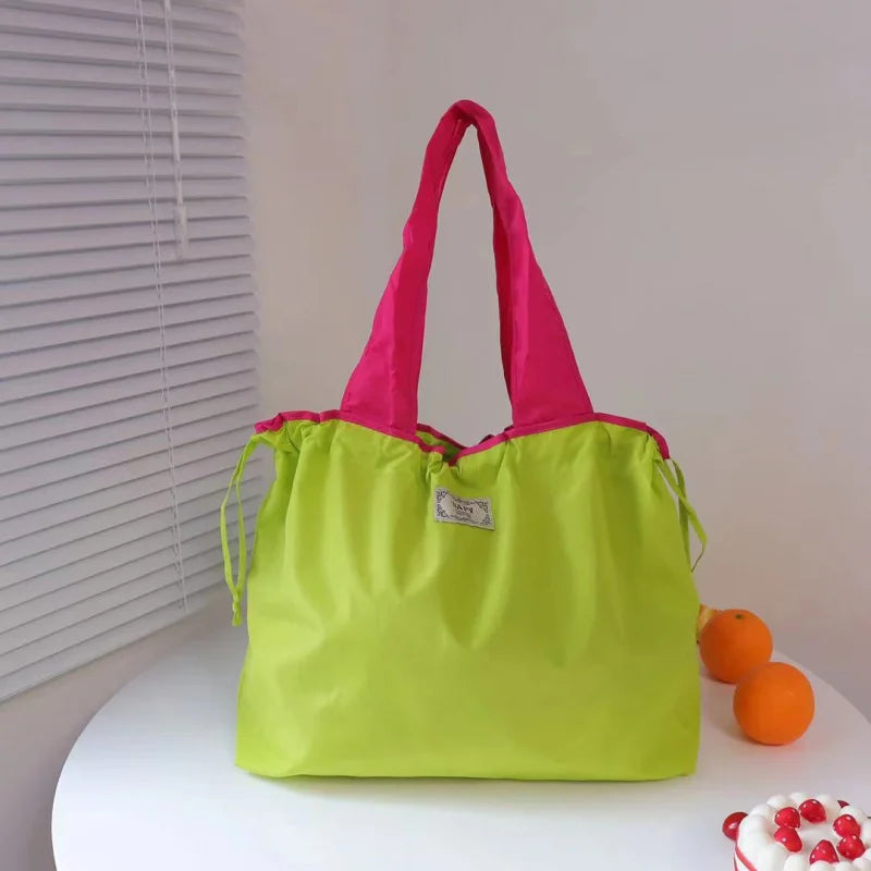 Portable nylon color block shopping bag foldable handbag