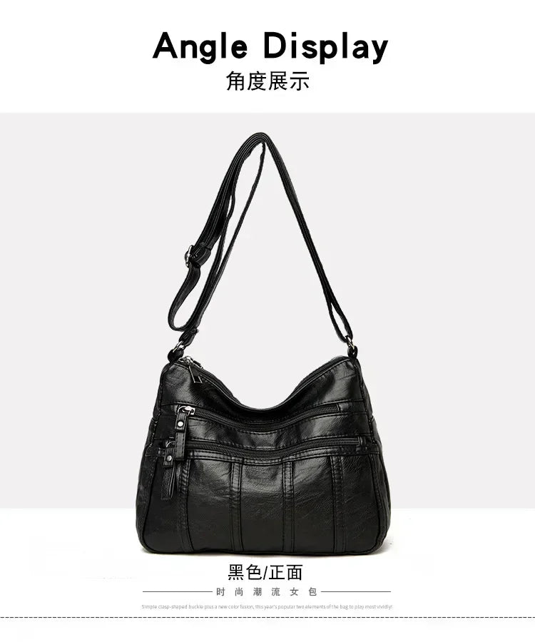 Women's Fashion Soft Leather Crossbody Bag 2024 Casual Multi-Pocket Messenger Retro Handbag Ladies Shoulder Bag with Zipper