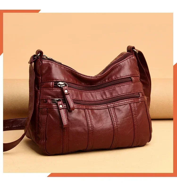 Women's Fashion Soft Leather Crossbody Bag 2024 Casual Multi-Pocket Messenger Retro Handbag Ladies Shoulder Bag with Zipper